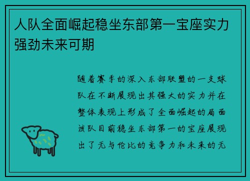 人队全面崛起稳坐东部第一宝座实力强劲未来可期